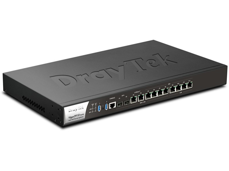 Draytek - Router - Router Draytek Vigor3910 Multi-WAN Broadband Router with VPN Load Balancing 3G/4G LTE Support/Rackmount Kit , 6x RJ-45 (alleen WAN), 2x SFP+ , 6x Ethernet 1Gbps, 2x Ethernet 2.5Gbps , 2x USB 3.2 (Gen1, 5Gb/s) type-A